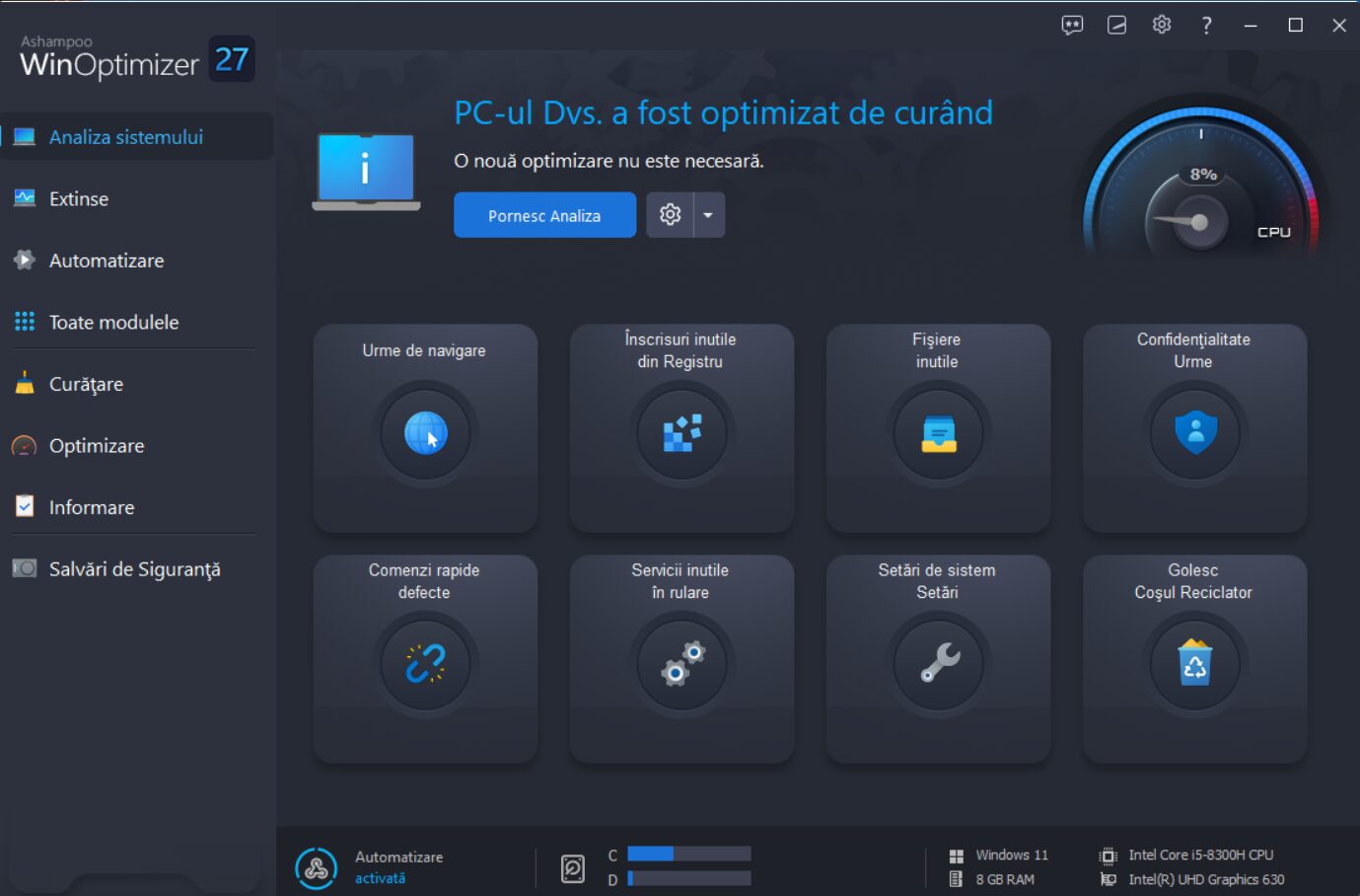 Ashampoo WinOptimizer 27 - Licență gratuită - Ashampoo WinOptimizer 27 este un instrument puternic de optimizare a sistemului, rezolvă erorile și păstrează la nivel înalt performanța computerului dvs. Acesta protejează și datele dvs. personale și vă permite să personalizați mediul Windows. Pe lângă instrumentele de curățare a hard diskului, acest program vine cu multe instrumente care acoperă diverse sarcini de la mentenanța sistemului și analiza sistemului până la procesarea fișierelor (criptare, împărțire, etc.).